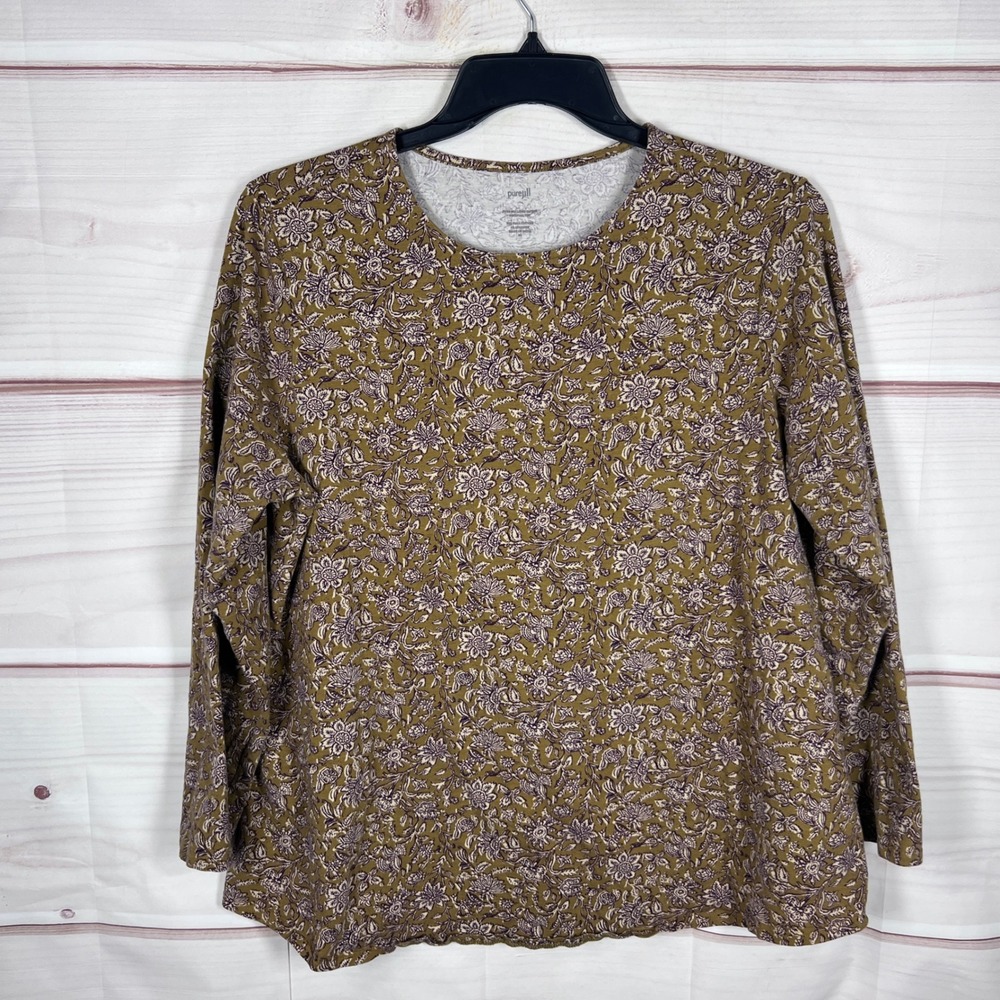 Pure Jill J Jill Top Women XL Green Floral Long Sleeve Shirttail Tee Pima Cotton